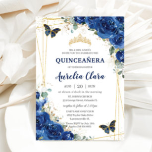 Invitación Quinceañera Royal Blue Floral Butterflies Cumpleañ