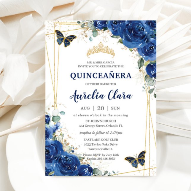 Invitación Quinceañera Royal Blue Floral Butterflies Cumpleañ (Subido por el creador)