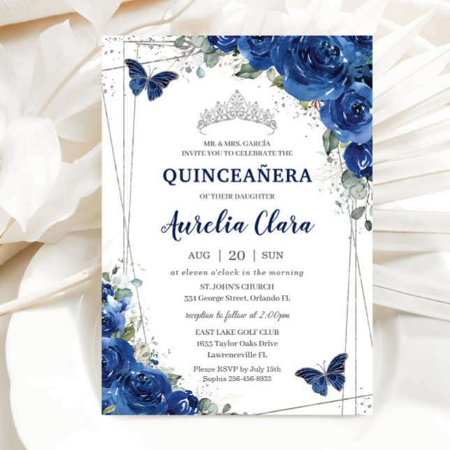 Invitación Quinceañera Royal Blue Floral Butterflies Cumpleañ (Subido por el creador)