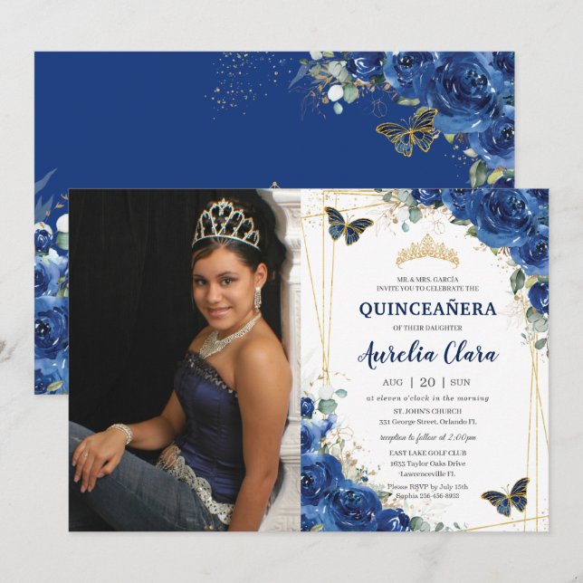 Invitación Quinceañera Royal Blue Floral Butterflies Cumpleañ (Anverso / Reverso)