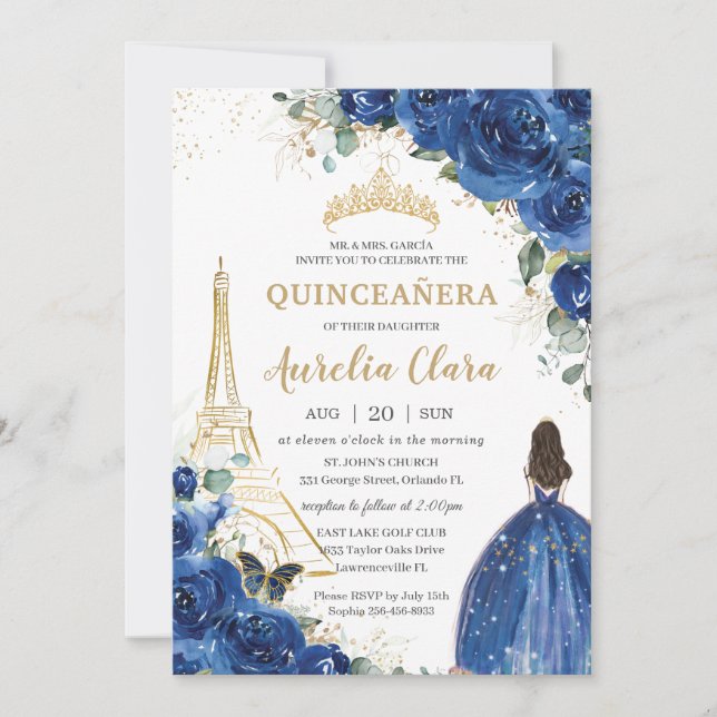 Invitación Quinceañera Royal Blue Floral Paris Eiffel Gold (Anverso)