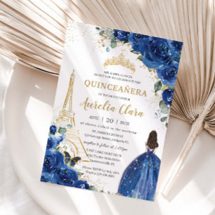 Invitación Quinceañera Royal Blue Floral Paris Eiffel Gold