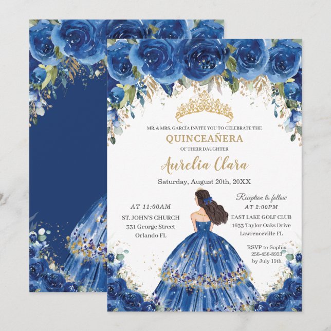 Invitación Quinceañera Royal Blue Floral Tiara 15 cumpleaños (Anverso / Reverso)