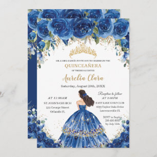 Invitación Quinceañera Royal Blue Floral Tiara 15 cumpleaños