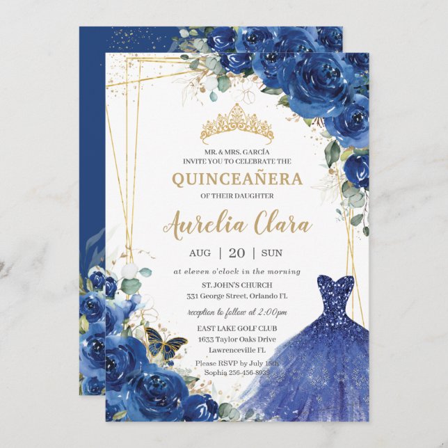 Invitación Quinceañera Royal Blue Floral Vestido 16 cumpleaño (Anverso / Reverso)