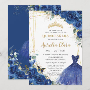Invitación Quinceañera Royal Blue Floral Vestido 16 cumpleaño