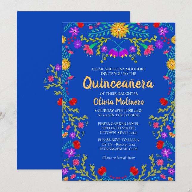 Invitación Quinceanera Royal Blue Flores Mexicanas Cumpleaños (Anverso / Reverso)
