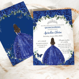 Invitación Quinceañera Royal Blue Flowers Princess Birthday