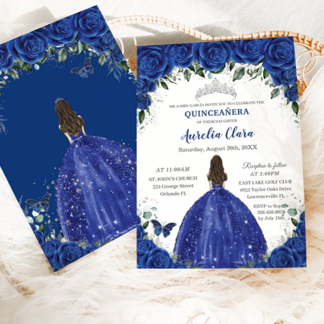 Invitación Quinceañera Royal Blue Flowers Princess Birthday (Subido por el creador)