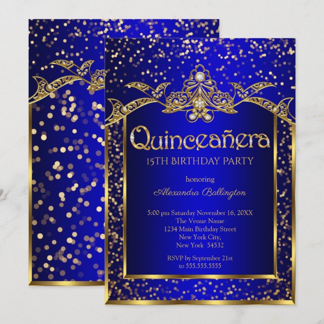 Invitación Quinceanera Royal Blue Gold Birday (Anverso / Reverso)
