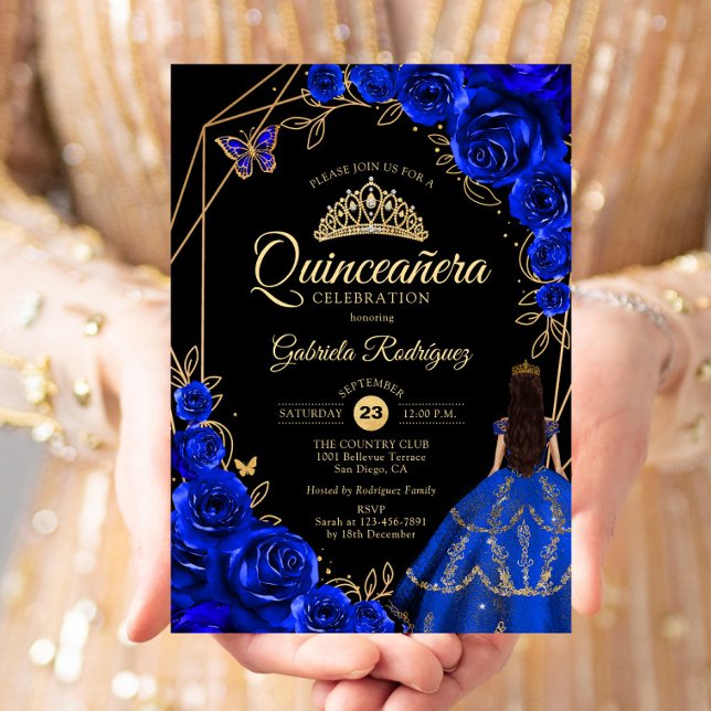 Invitación Quinceanera Royal Blue Gold Butterfly Dress Floral (Subido por el creador)