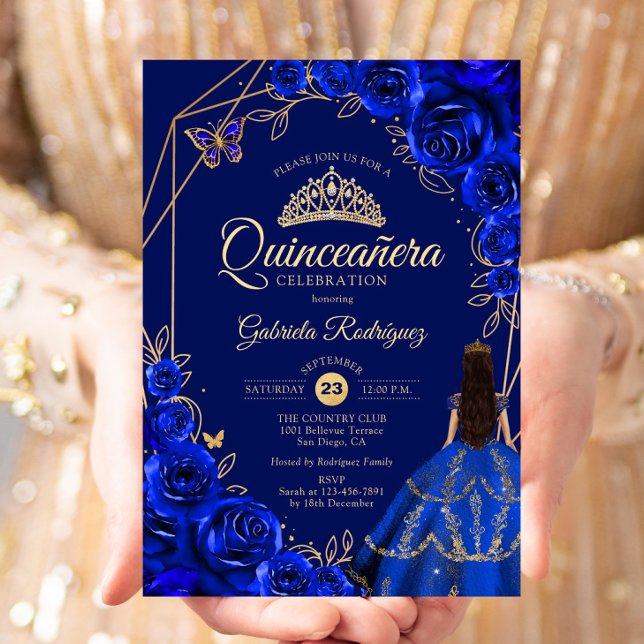 Invitación Quinceanera Royal Blue Gold Dress Floral (Subido por el creador)