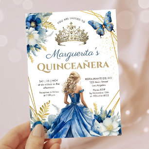 Invitación Quinceañera Royal Blue Gold Tiara Mariposa Floral