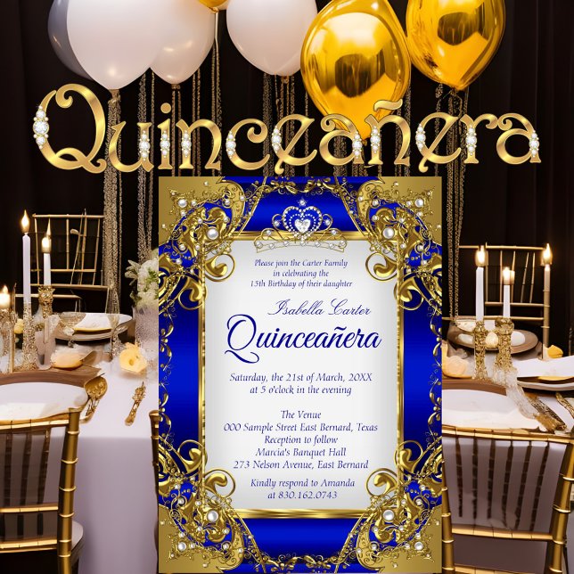 Invitación Quinceanera Royal Blue Golden Pearl Tiara Fiesta (Subido por el creador)