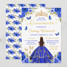 Invitación Quinceañera Royal Blue Princess Brunette Girl