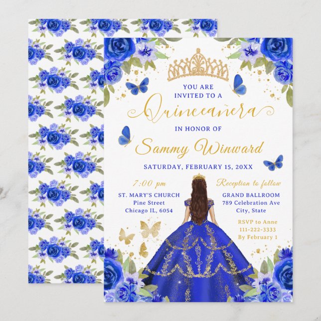 Invitación Quinceañera Royal Blue Princess Brunette Girl (Anverso / Reverso)