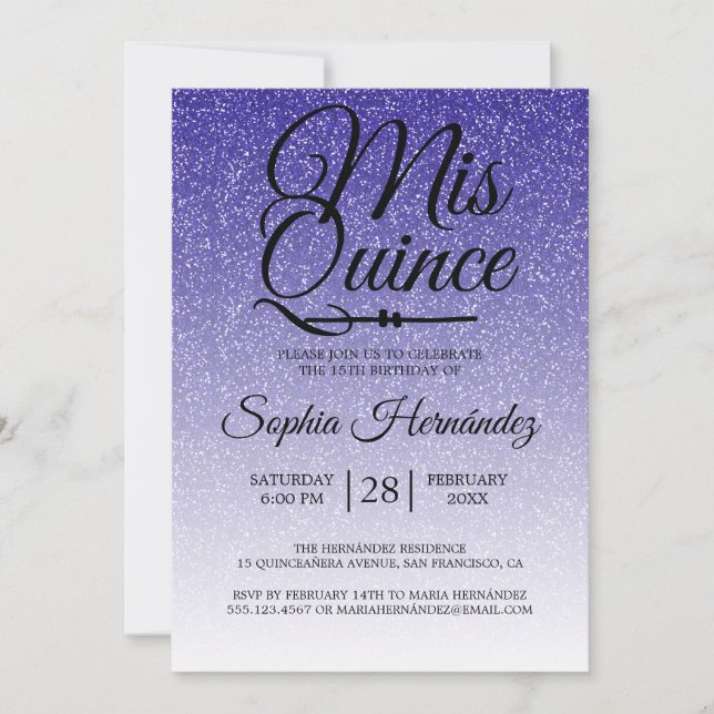 Invitación Quinceañera Royal Blue Purpurina 15 cumpleaños (Anverso)