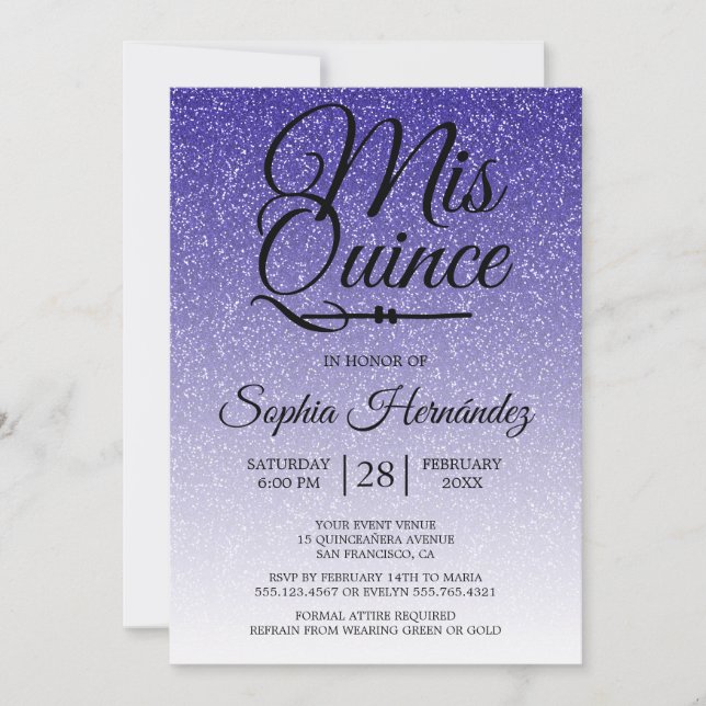 Invitación Quinceañera Royal Blue Purpurina 15 cumpleaños (Anverso)