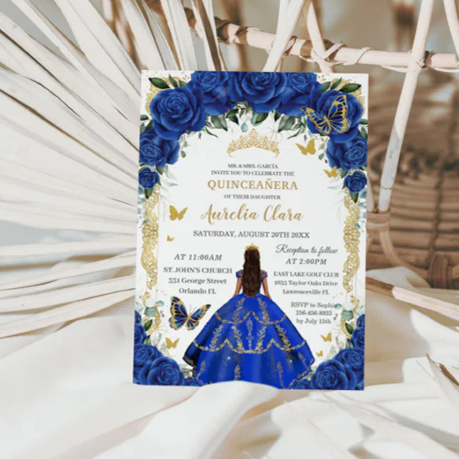 Invitación Quinceañera Royal Blue Rosas Floral Vintage Gold