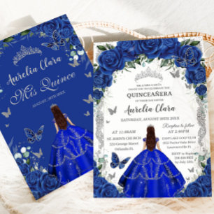 Invitación Quinceañera Royal Blue Rosas Floral Vintage Silver