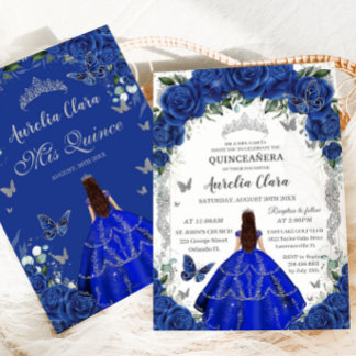 Invitación Quinceañera Royal Blue Rosas Floral Vintage Silver