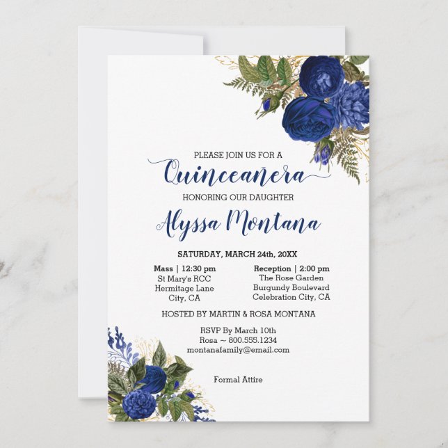 Invitación Quinceanera Royal Blue Rosas Masas y Recepción (Anverso)