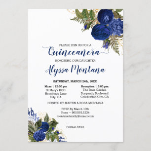 Invitación Quinceanera Royal Blue Rosas Masas y Recepción