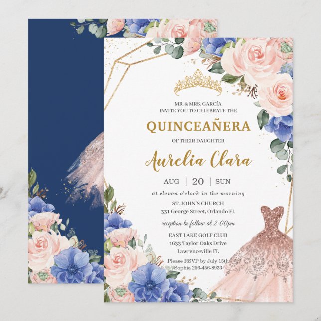 Invitación Quinceañera Royal Blue Rubor Floral Ball Gown (Anverso / Reverso)