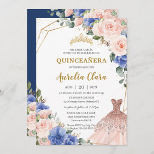 Invitación Quinceañera Royal Blue Rubor Floral Ball Gown