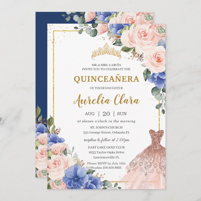 Invitación Quinceañera Royal Blue Rubor Floral Dress Tiara (Anverso / Reverso)