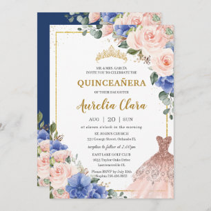 Invitación Quinceañera Royal Blue Rubor Floral Dress Tiara