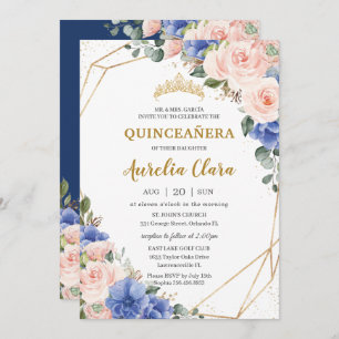 Invitación Quinceañera Royal Blue Rubor Floral Gold Tiara