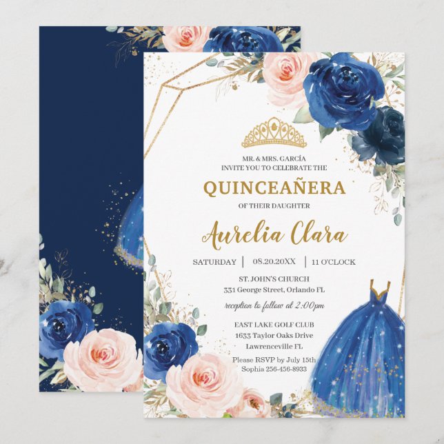 Invitación Quinceañera Royal Blue Rubor Floral Rosa Ball Gown (Anverso / Reverso)