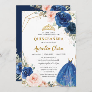 Invitación Quinceañera Royal Blue Rubor Floral Rosa Ball Gown