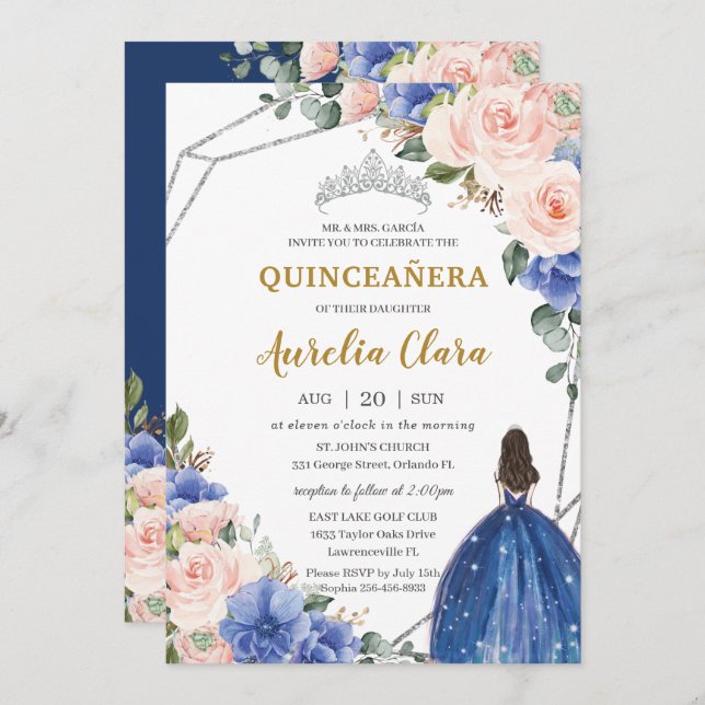 Invitación Quinceañera Royal Blue Rubor Floral Silver Tiara (Anverso / Reverso)