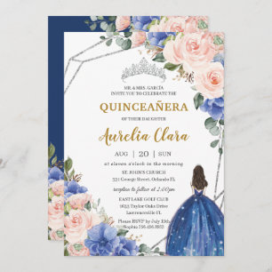 Invitación Quinceañera Royal Blue Rubor Floral Silver Tiara