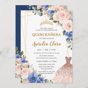 Invitación Quinceañera Royal Blue Rubor Floral Tara