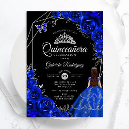 Invitación Quinceanera Royal Blue Silver Dress Floral