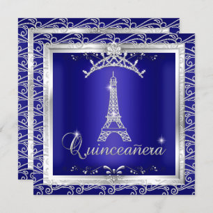 Invitación Quinceanera Royal Blue Silver Tiara Torre Eiffel 2