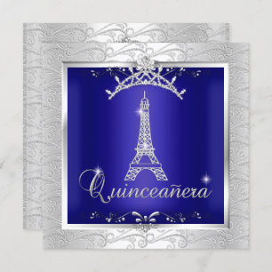 Invitación Quinceanera Royal Blue Silver Torre Tiara Eiffel