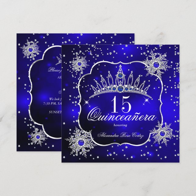 Invitación Quinceanera Royal Blue Snowflake Tiara 15° Fiesta (Anverso / Reverso)