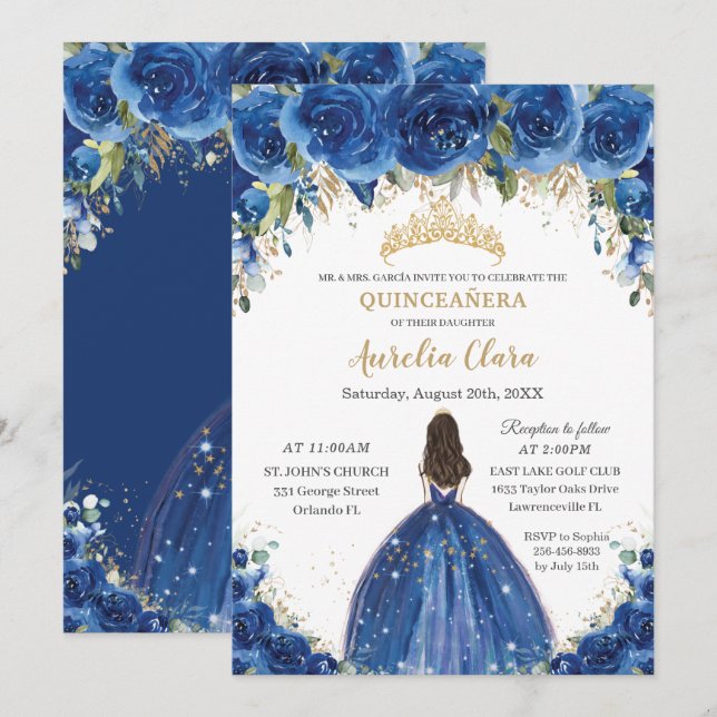 Invitación Quinceañera Royal Floral Princess Birthday (Anverso / Reverso)