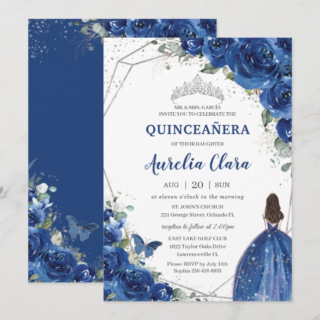 Invitación Quinceañera Royal Floral Princess Birthday 15 (Anverso / Reverso)