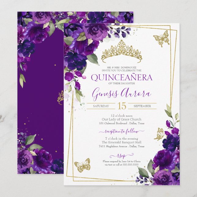 Invitación Quinceañera Royal Purple Floral Butterfly (Anverso / Reverso)