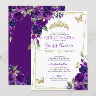 Invitación Quinceañera Royal Purple Floral Butterfly
