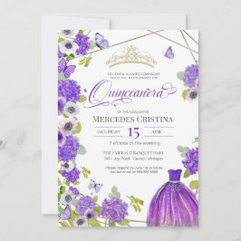 Invitación Quinceañera Royal Purple Garden mariposa Tiara