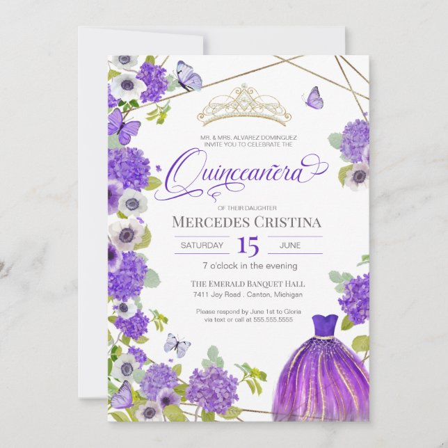 Invitación Quinceañera Royal Purple Garden mariposa Tiara (Anverso)