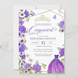 Invitación Quinceañera Royal Purple Garden mariposa Tiara