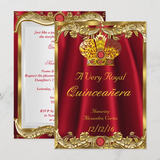 Invitación Quinceanera Royal Red Gem Gold Princess Crown 2 (Anverso / Reverso)