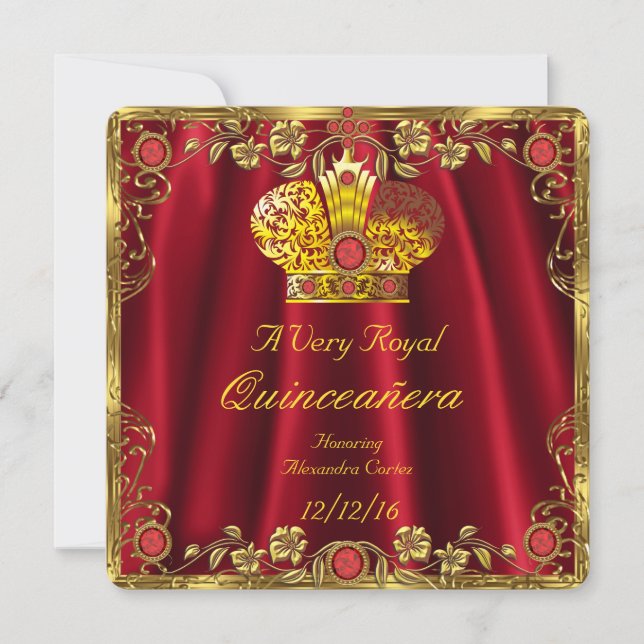 Invitación Quinceanera Royal Red Gem Gold Princess Crown 3 (Anverso)